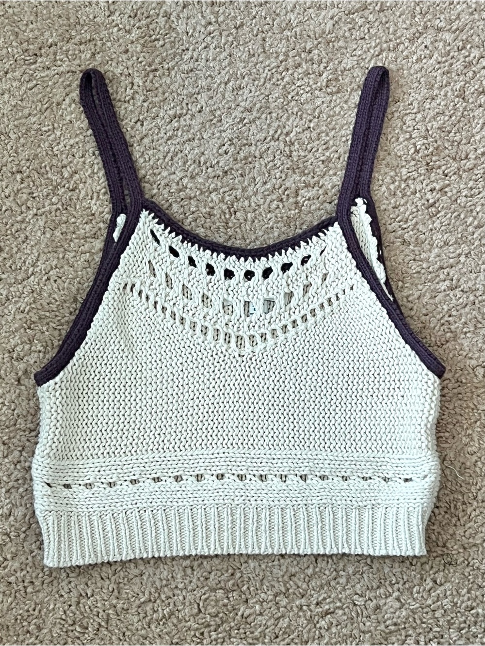 Cream Knit Cropped Tank Top with Purple Trim